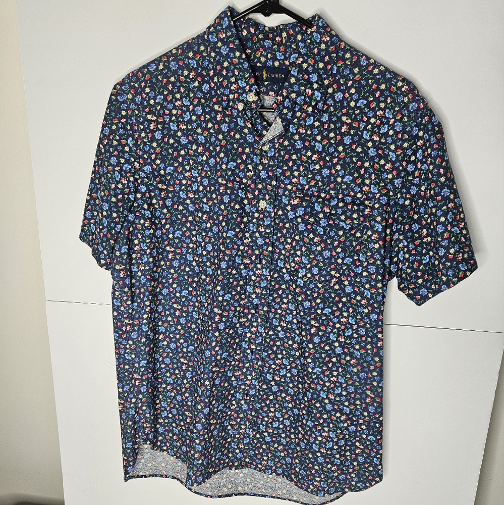 Ralph Lauren Shirt Men Medium Blue Button Down Floral Short Sleeve Cotton Casual